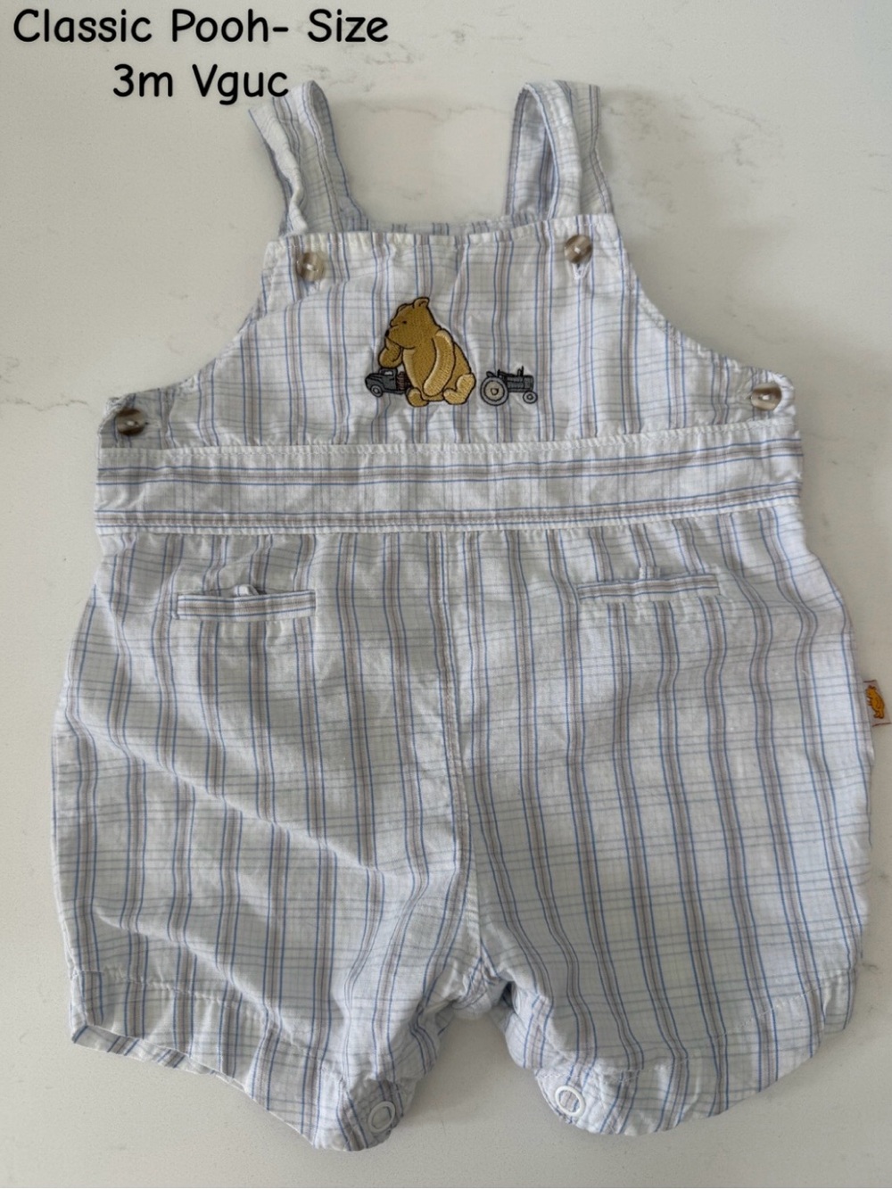 Striped Baby Overalls with Pooh Motif - Light Blue